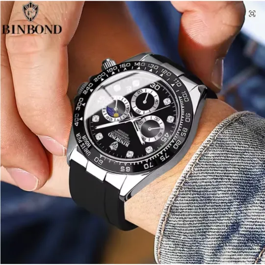 Men’s Chronograph Watch – Black Dial with Black Silicone Strap